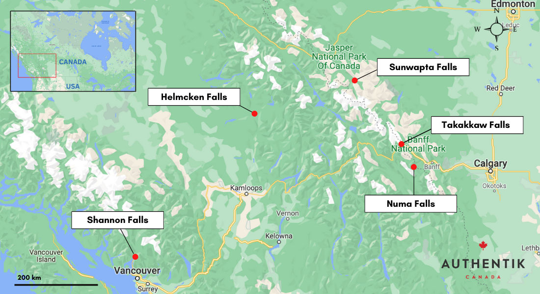 Western Canada falls map