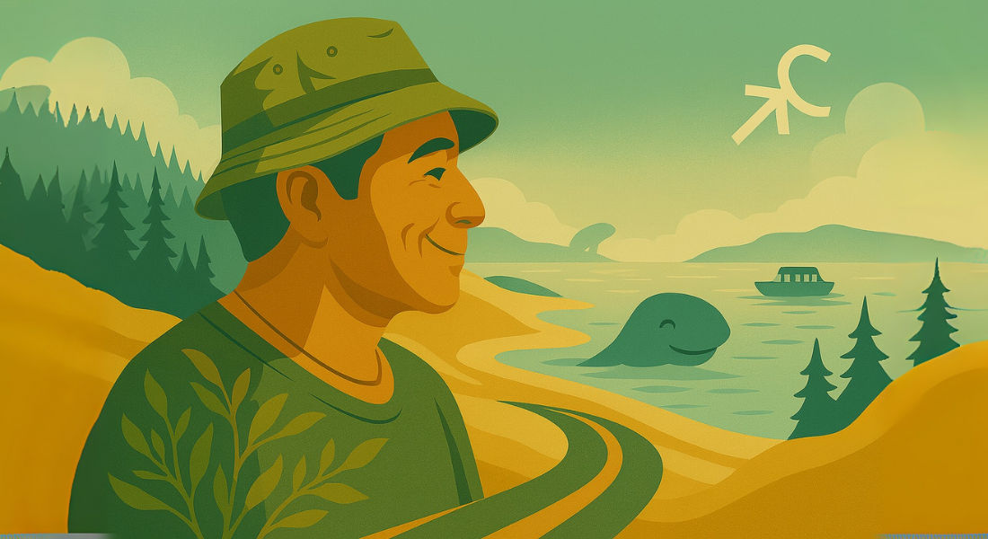 Pisces and the whales of Tadoussac Man in bucket hat watching whales in Tadoussac’s dunes.