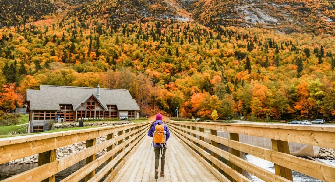 Randonner au Québec en automne Femme de dos traversant un pont en bois dans un parc national au Québec