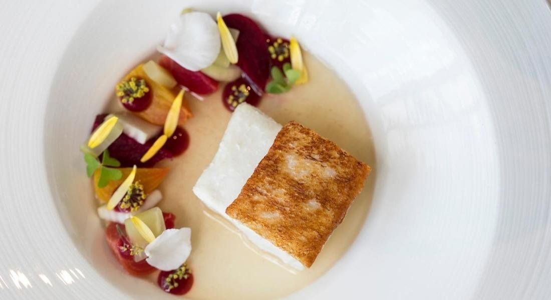 @ Manoir Hovey plat de poisson issue du restaurant gastronomique du Manoir Hovey