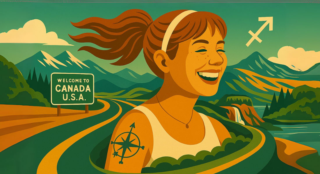 Sagittarius on the road to freedom Tattooed, carefree woman on a road through mountain landscapes.