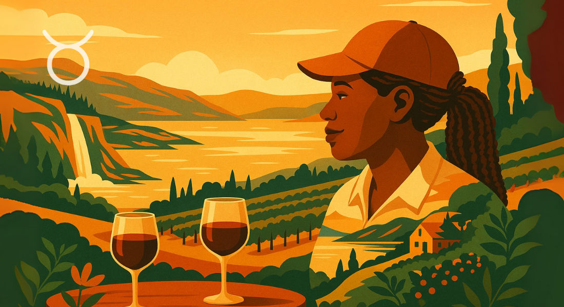 Taurus and the art of slow living Woman enjoying vineyards and hills in the Okanagan Valley.