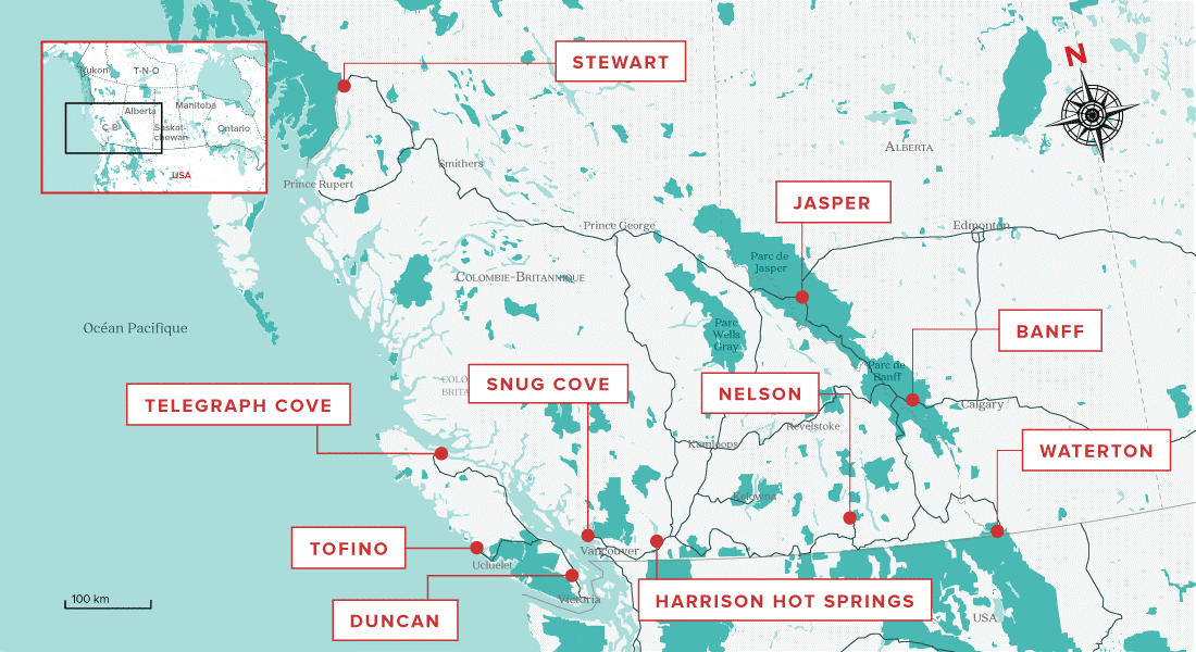 Carte du top 10 des plus beaux villages de l'Ouest canadien