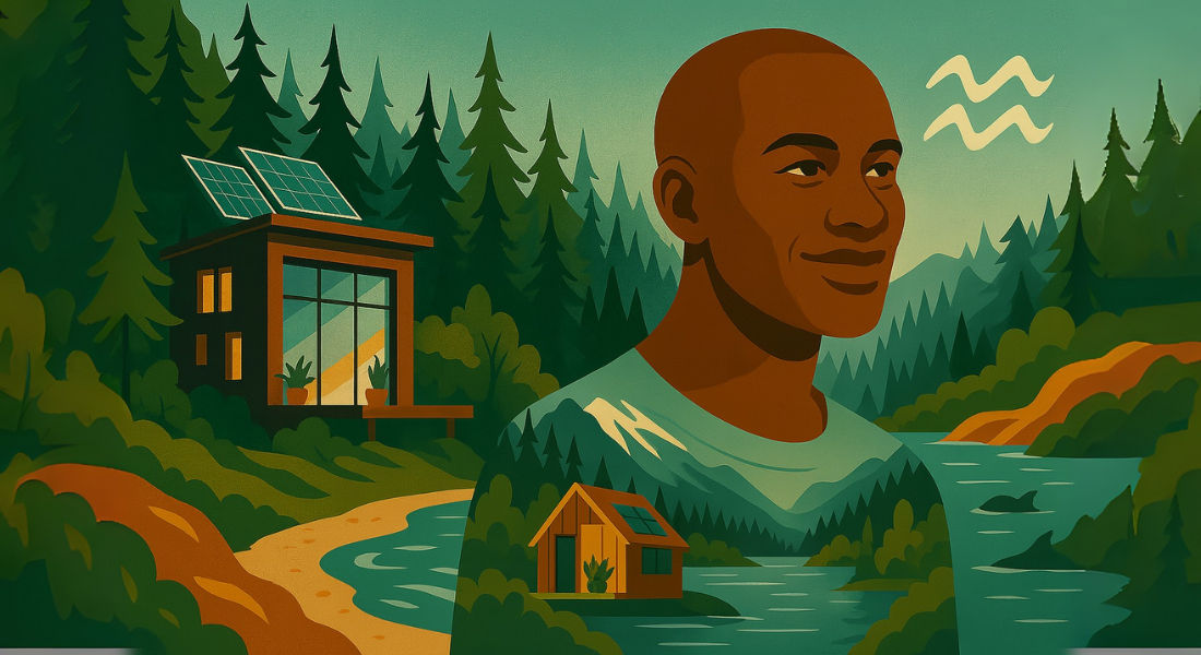 Aquarius and the tiny house dream Man looking at a riverside tiny house in nature.