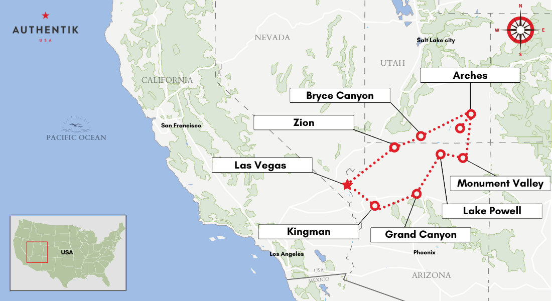 Two weeks self-drive holidays USA map