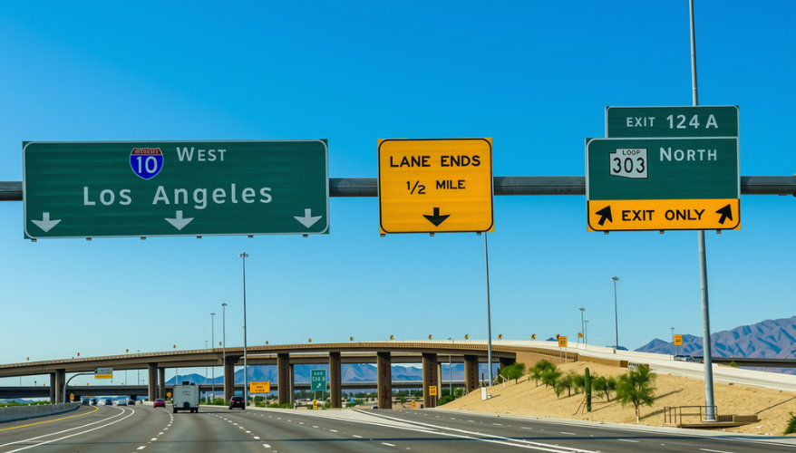 Road sign indicating the direction to Los Angeles seen from a car
