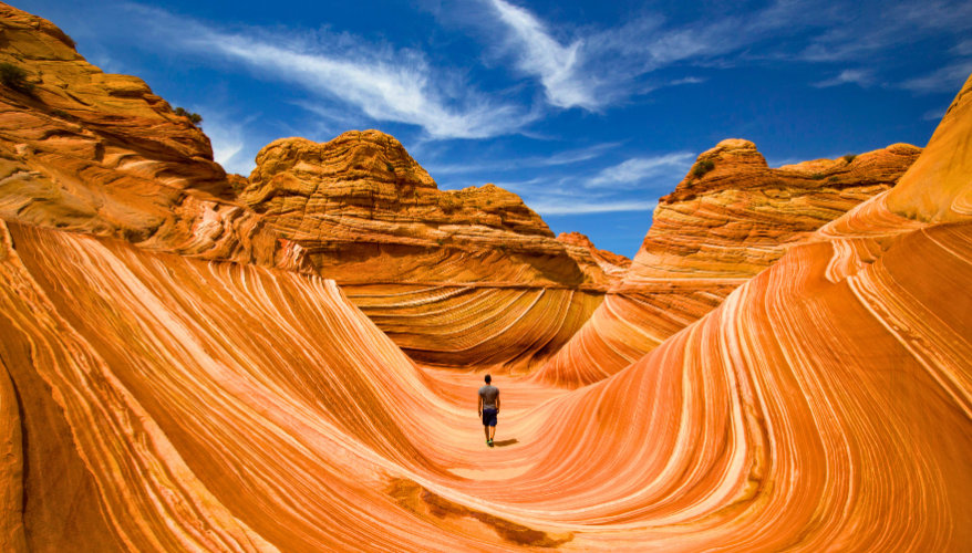 The Wave A man walking with his back to the camera on the orange sand of the site, which appears to undulate like sand waves.