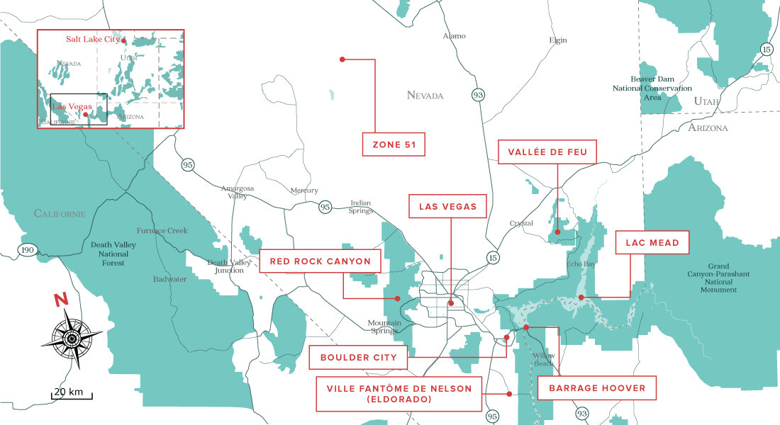 Carte des endroits à visiter proche de Las Vegas