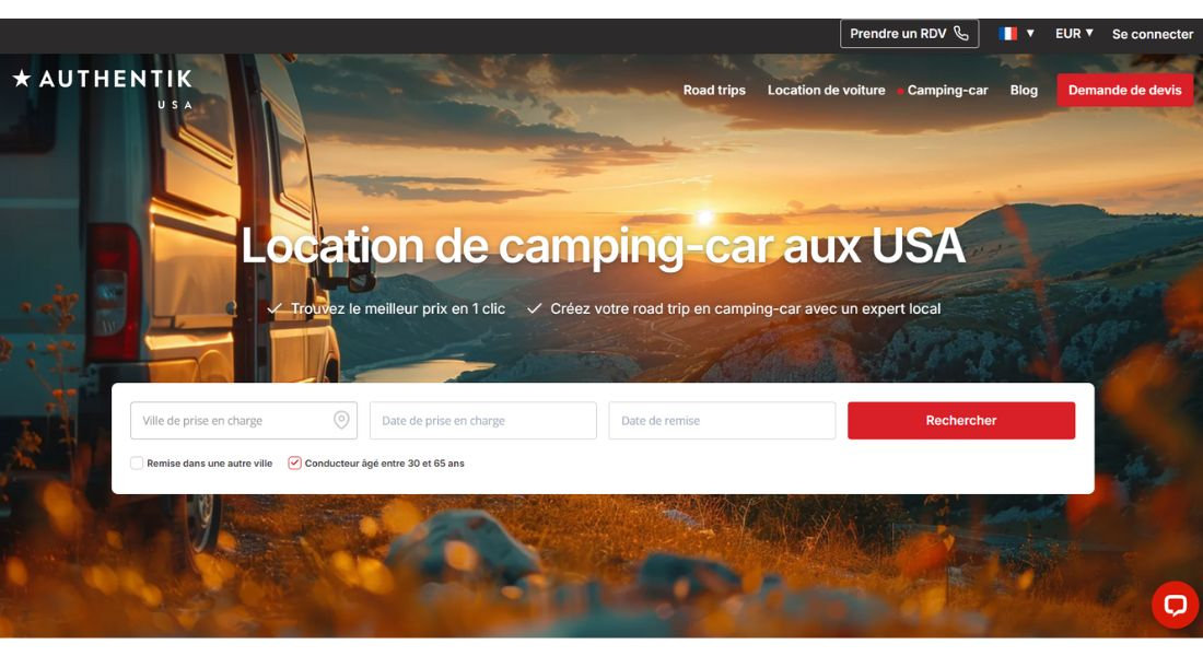 Location de voiture avec Authentik USA Capture de la plateforme web de recherche de location Authentik USA