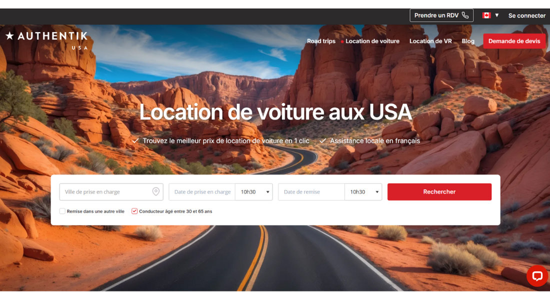 Location de voiture avec Authentik Canada Capture de la plateforme web de recherche de location Authentik Canada