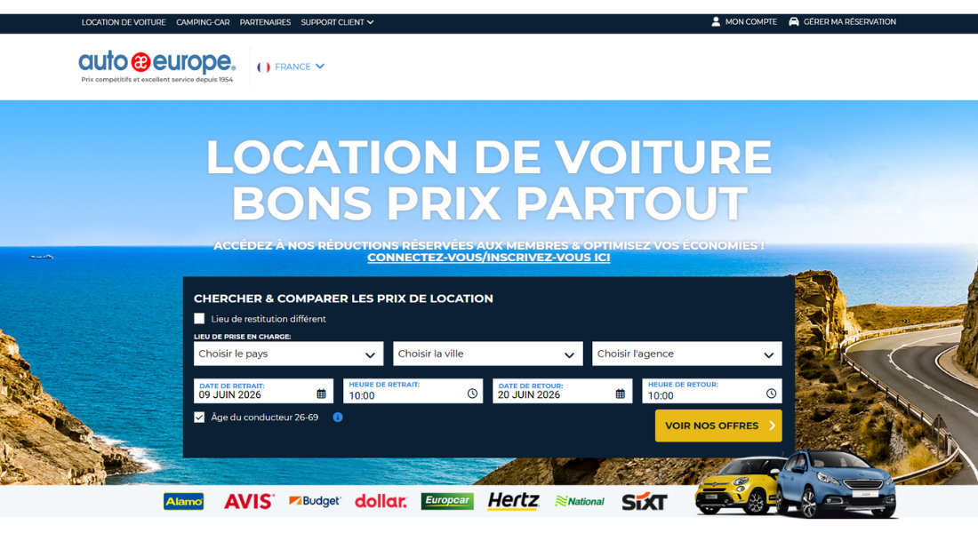 Location de voiture avec Auto Europe Capture de la plateforme web de recherche de location Auto Europe