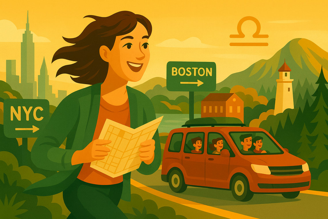 Illustration d’une femme souriante tenant une carte entre New York, Boston et les White Mountains, signe Balance.