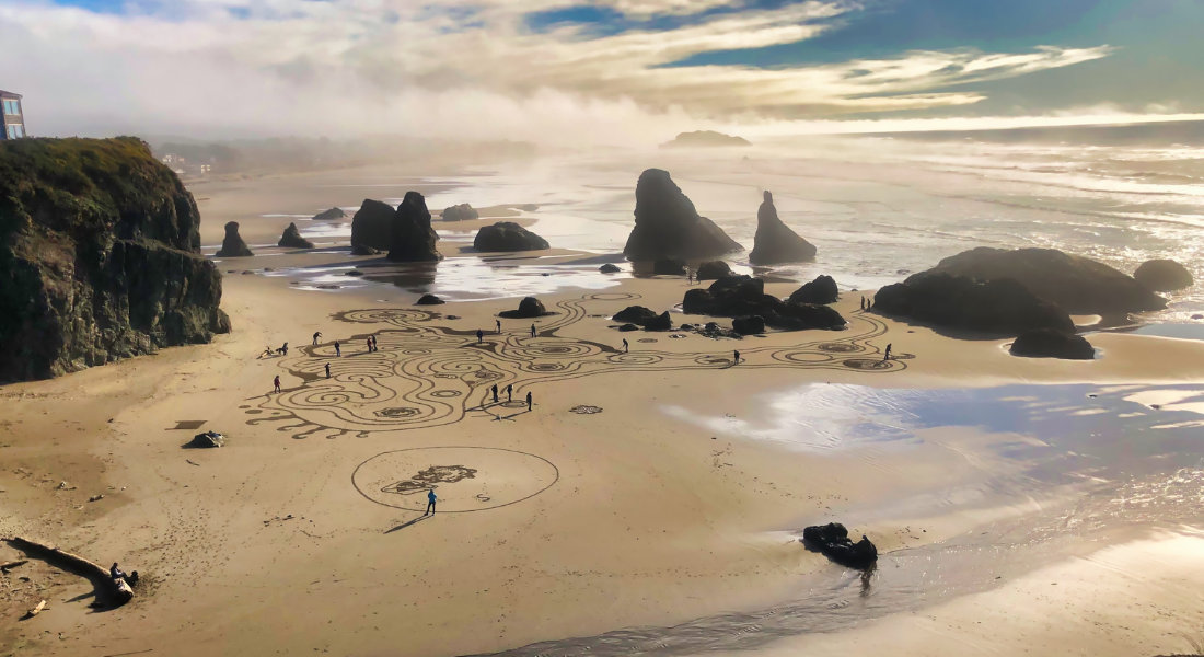 Giant labyrinths drawn in the sand of Bandon Beach Giant labyrinths drawn in the sand of misty Bandon Beach