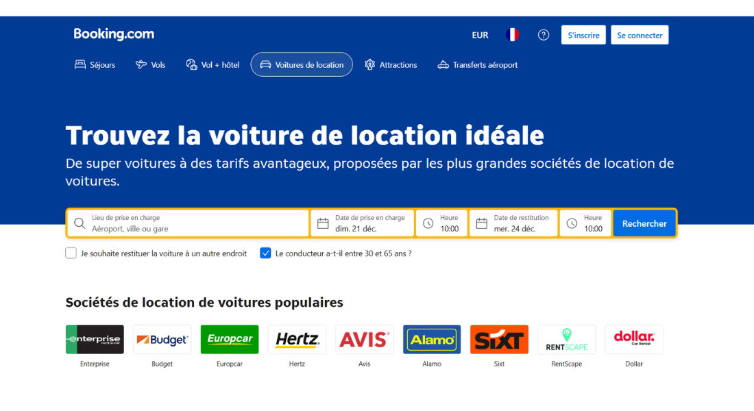 Location de voiture avec Booking.com Capture de la plateforme web de recherche de location Booking.com