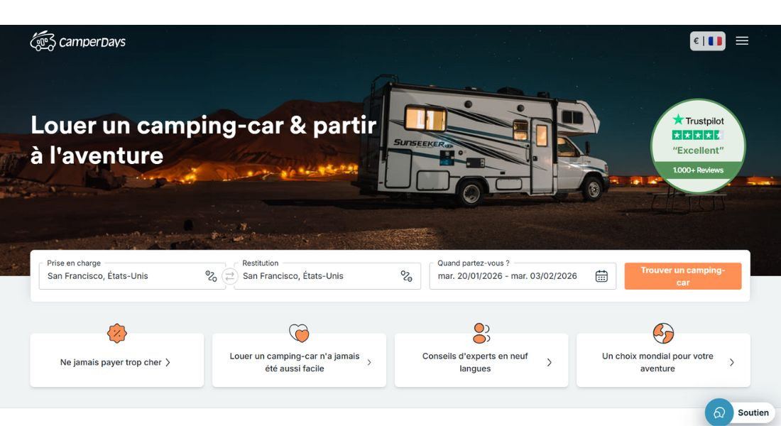 Location de voiture avec CamperDays Capture de la plateforme web de recherche de location Camperdays