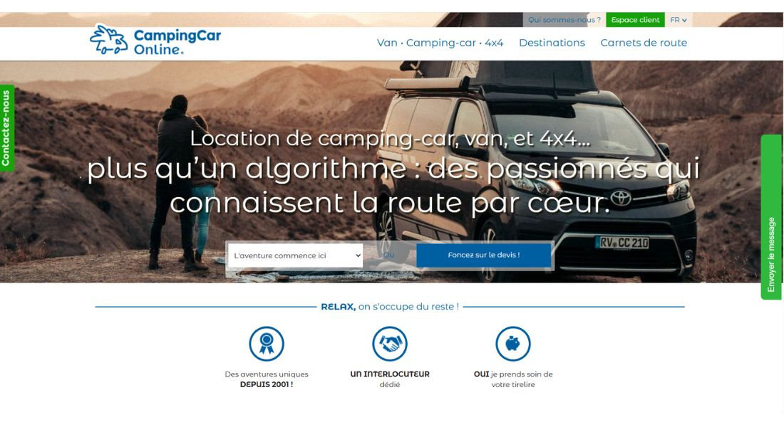 Location de voiture avec Campingcar-online Capture de la plateforme web de recherche de location Campingcar-online