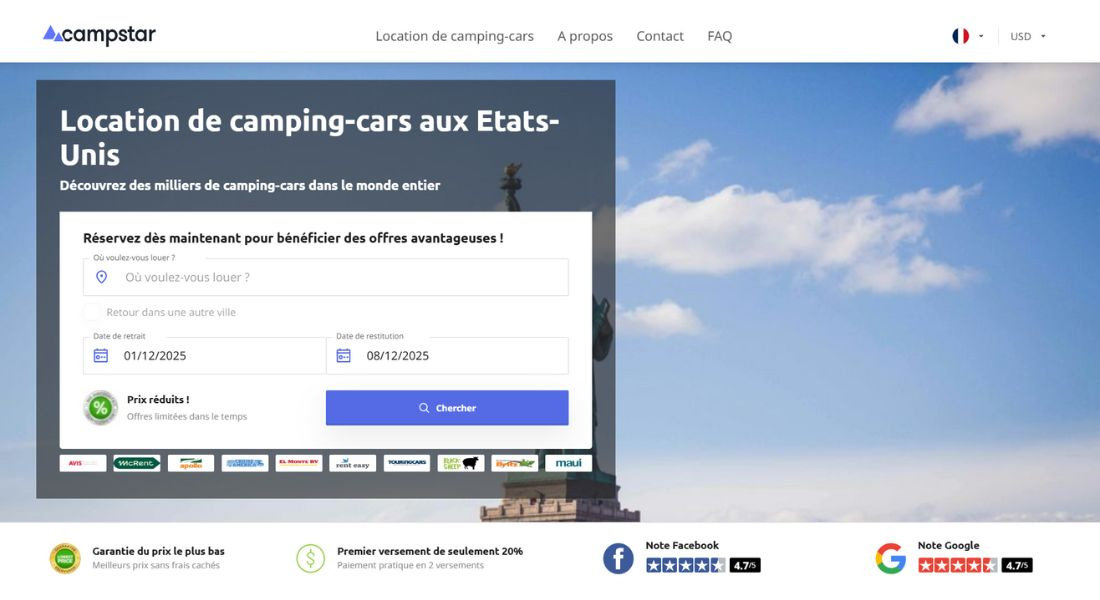Location de voiture avec Campstar Capture de la plateforme web de recherche de location Campstarr