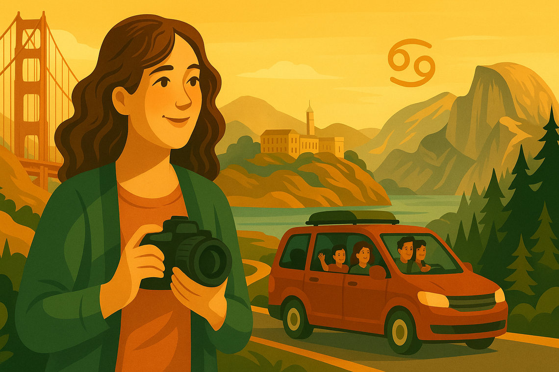 Illustration d’une femme avec un appareil photo devant le Golden Gate, une voiture familiale et Yosemite en arrière-plan, signe Cancer.