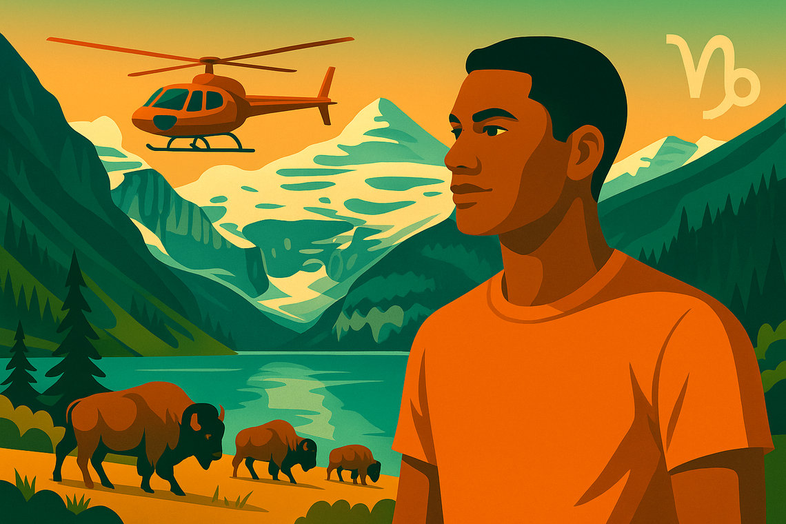 Illustration d’un jeune homme devant Lake Louise, bisons de Yellowstone et survol en hélicoptère des Rocheuses, signe Capricorne.
