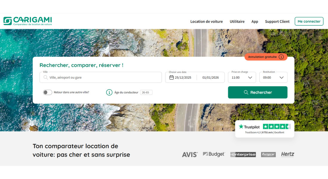Location de voiture avec Carigami Capture de la plateforme web de recherche de location Carigami