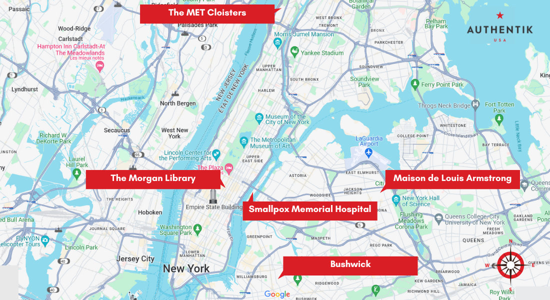 Carte lieux insolites NYC Carte localisant les 5 lieux insolites de New York à garder secrets