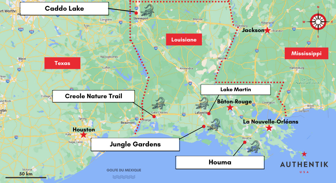 Carte des 5 meilleurs endroits pour observer les alligators en Louisiane