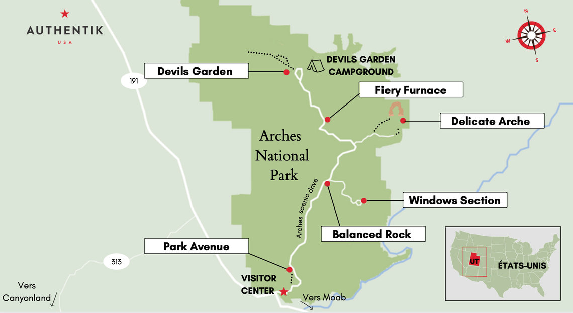 Carte du parc national des Arches en Utah