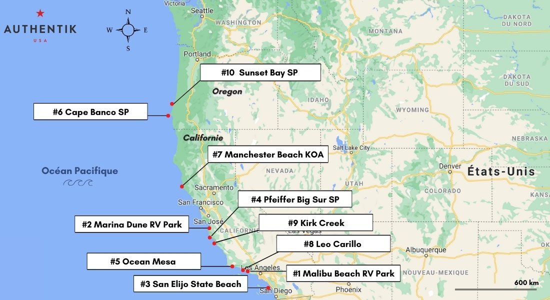carte des camping sur la côte ouest des USA