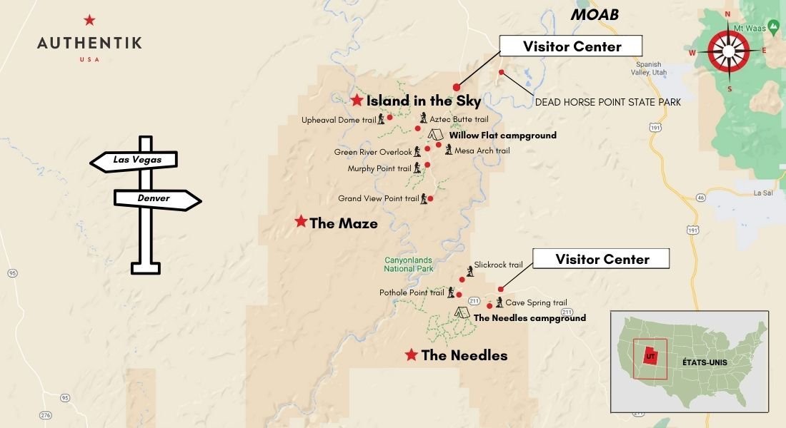 Carte de Canyonlands et ses principaux points d'intérêt