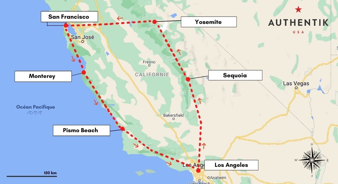 Carte road trip en voiture de 10 jours en Californie