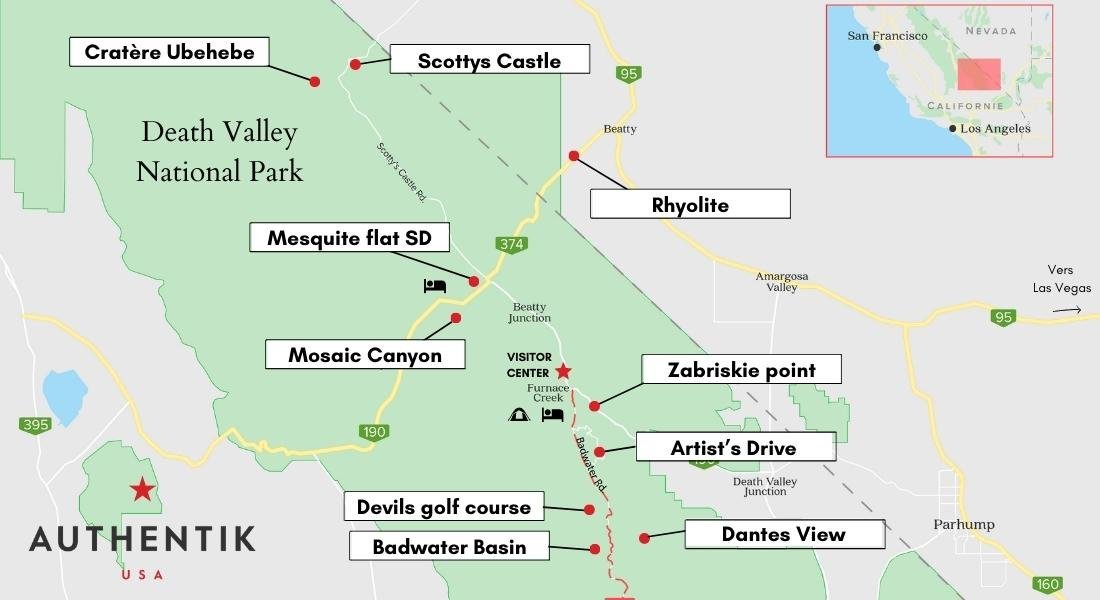 Carte détaillée des incontournables de la Death Valley