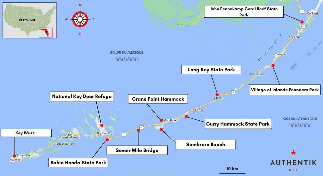 Carte des 10 plus beaux arrêts de la Overseas Highway
