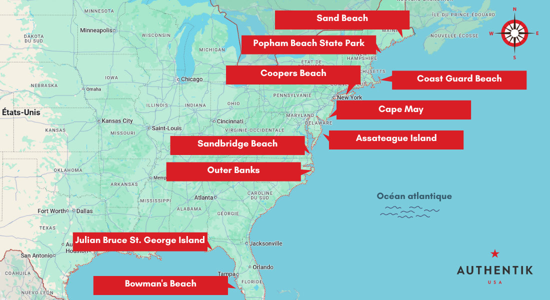 Carte localisant les plus belles plages de la côte Est américaine