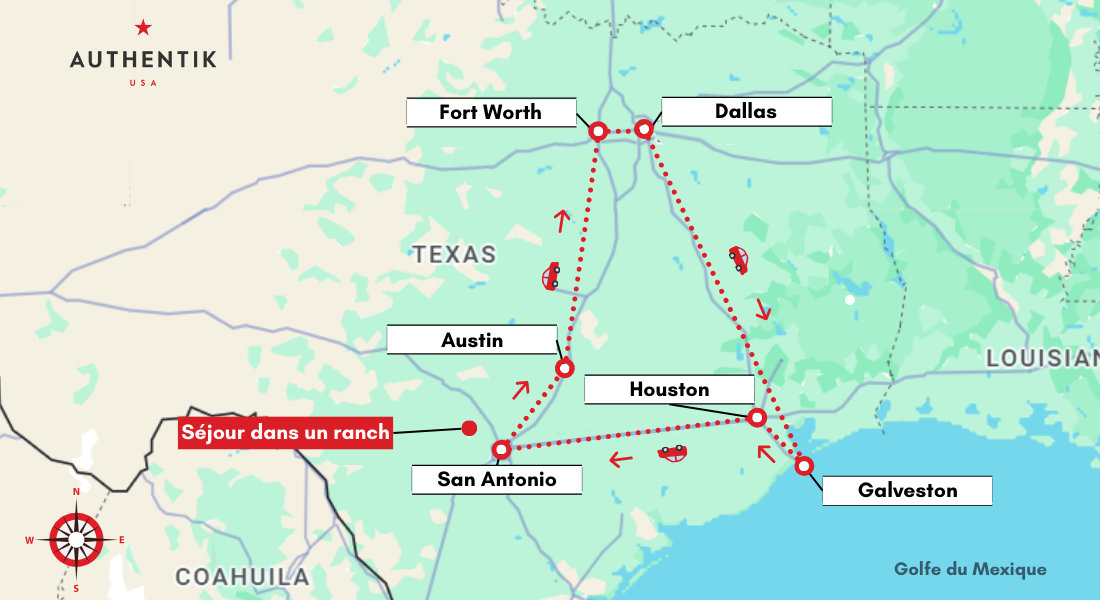 Itinéraire du road trip au Texas Carte circuit texas