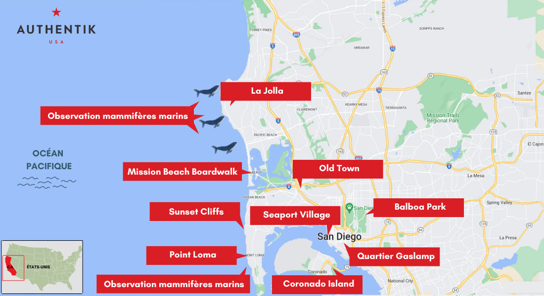 Carte des 10 choses à faire à San Diego en Californie