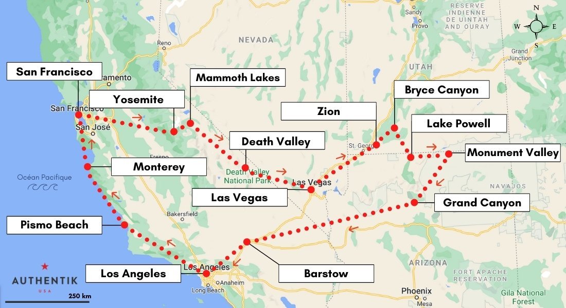 @Authentik USA carte circuit en voiture 3 semaines dans l'Ouest américain