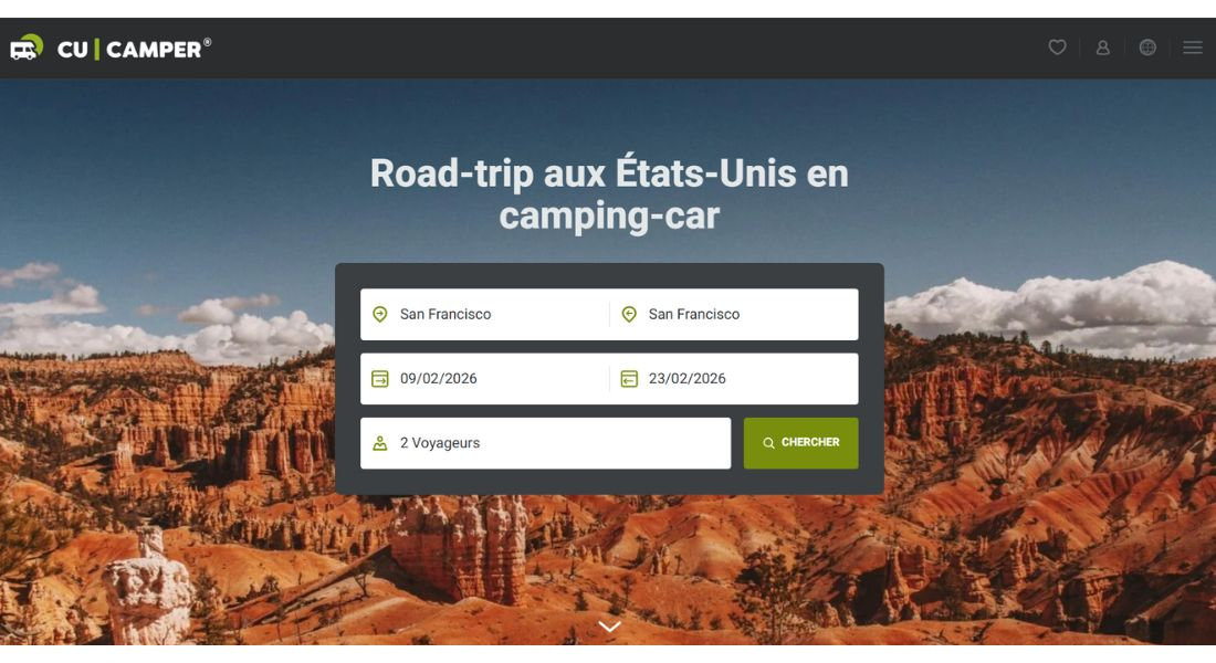 Location de voiture avec CU Camper Capture de la plateforme web de recherche de location CU Camper