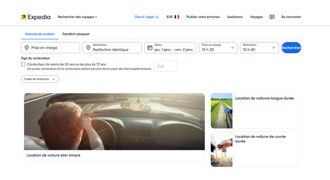 Location de voiture avec Expedia Capture de la plateforme web de recherche de location Expedia
