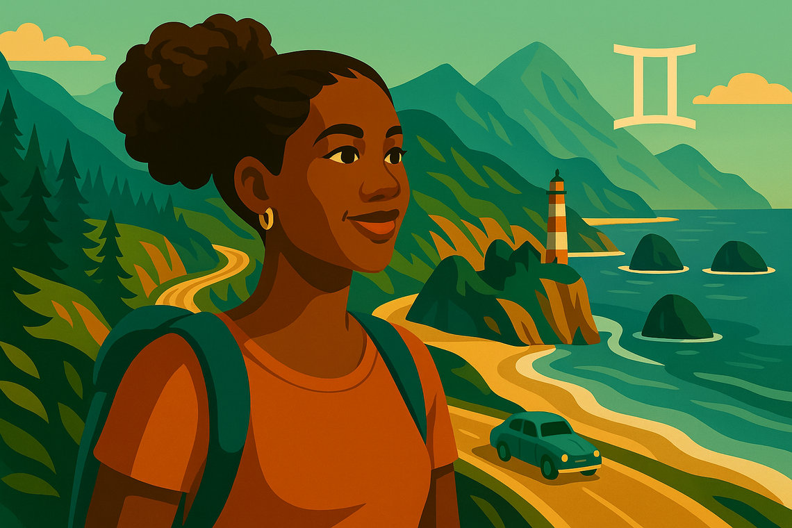 Illustration d’une voyageuse sur la côte Pacifique, phare et route sinueuse face à l’océan, symbole Gémeaux.