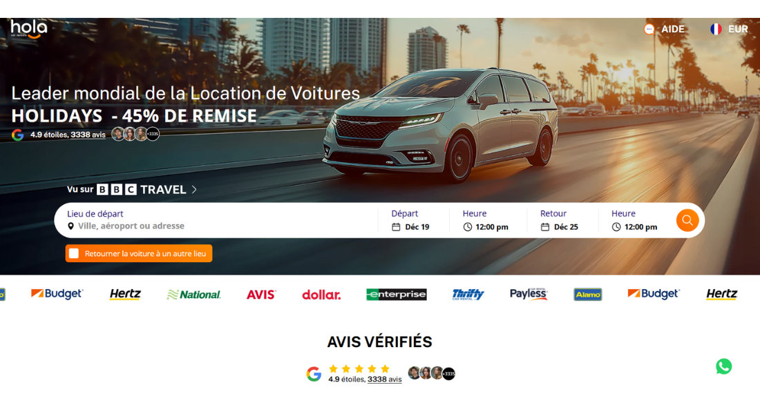 Location de voiture avec Hola Car Rental Capture de la plateforme web de recherche de location Hola Car Rental
