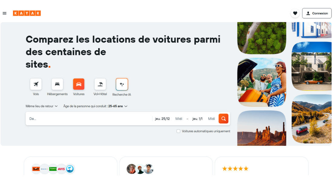 Location de voiture avec Kayak Capture de la plateforme web de recherche de location Kayak