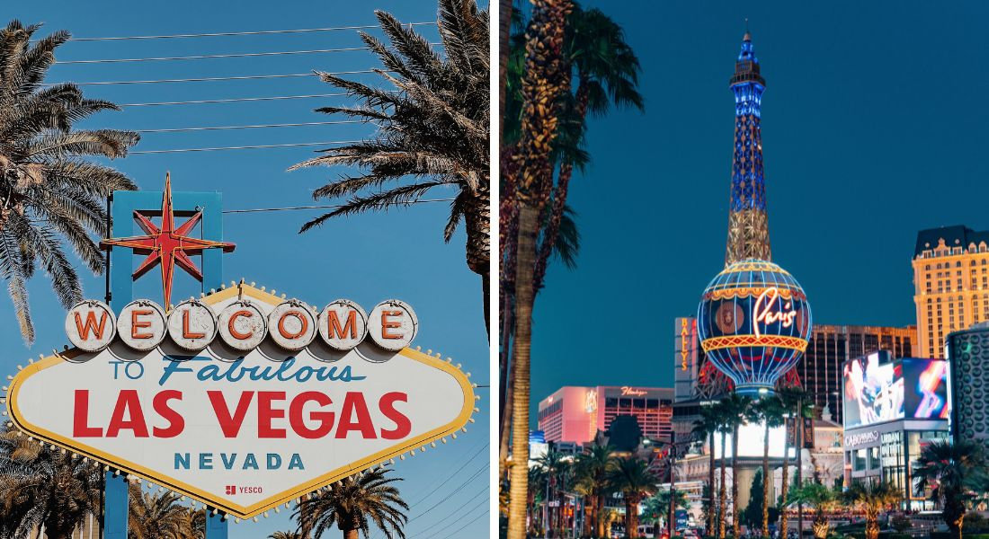 Las Vegas Nevada Two photos of Las Vegas with the famous sign and the lights of the hotels