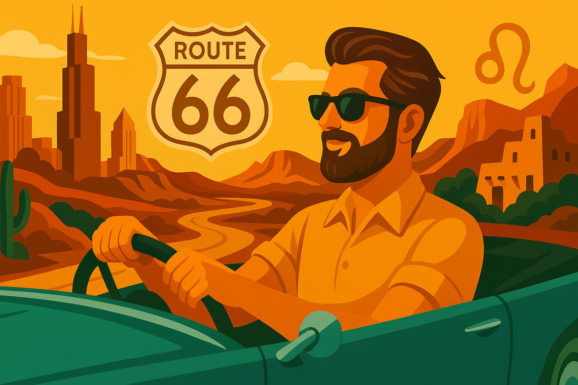 Illustration d’un homme barbu au volant d’une voiture décapotable sur la Route 66, gratte-ciels de Chicago et paysages désertiques en arrière-plan, signe Lion.