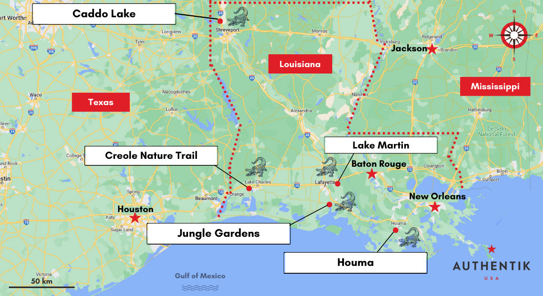 map of alligator watching spots in louisiana