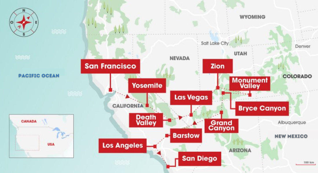 Map of the best USA family itinerary