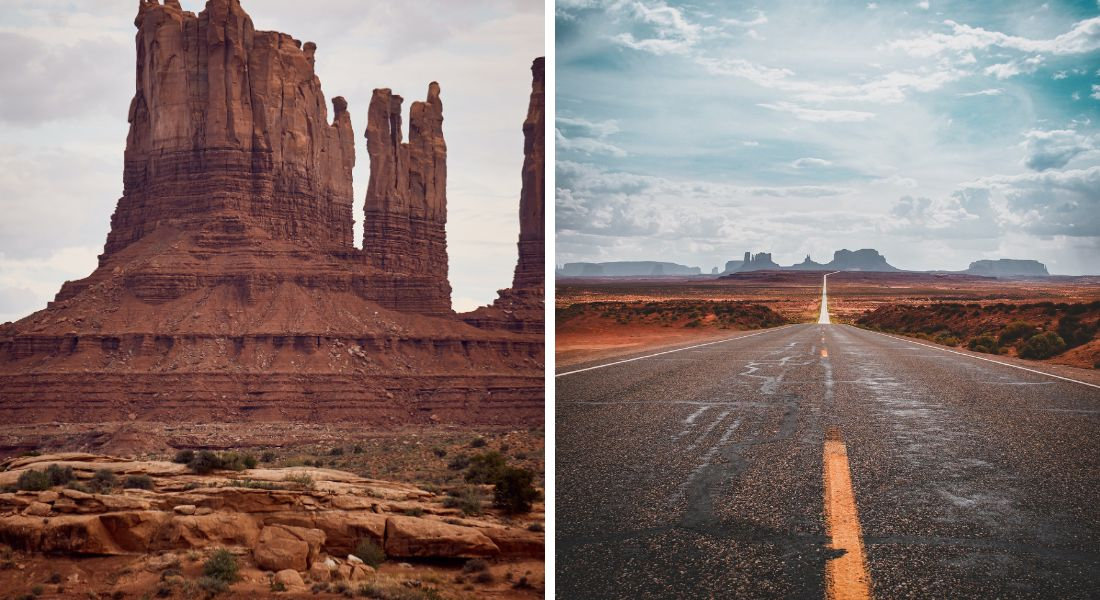 Monument Valley American West Two photos of rocks and a road in Monument Valley