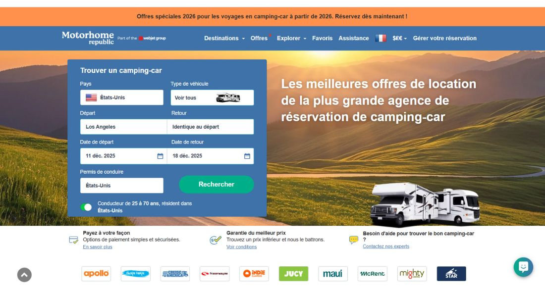 Location de voiture avec Motorhome Republic Capture de la plateforme web de recherche de location Motorhome Republic