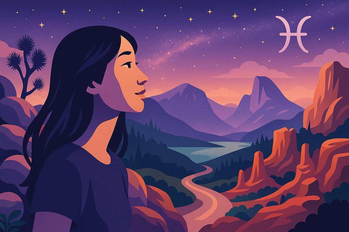 Illustration d’une jeune femme asiatique rêveuse devant Joshua Tree, Yosemite Tunnel View et Bryce Canyon sous un ciel étoilé, signe Poissons.