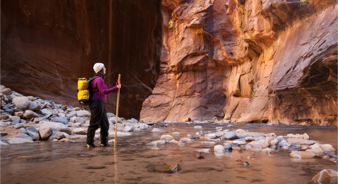 @Jim David - shutterstock_120500809 A hiker in the Narrows section of Zion Canyon