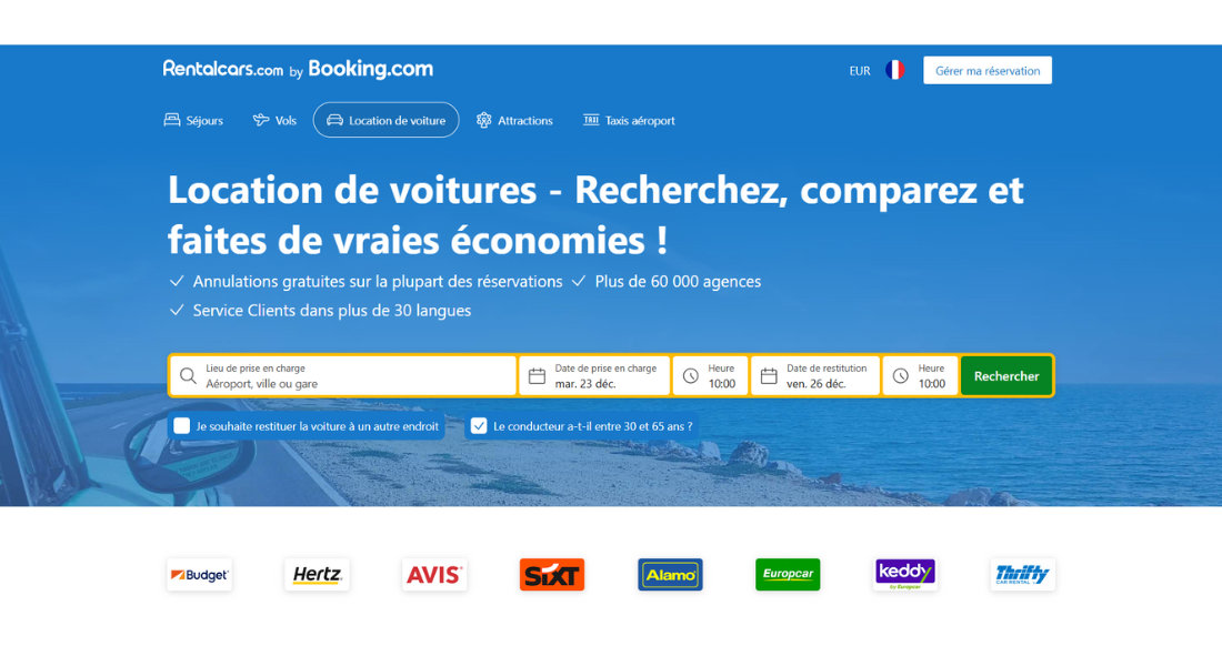 Location de voiture avec Rentalcars Capture de la plateforme web de recherche de location Rentalcars